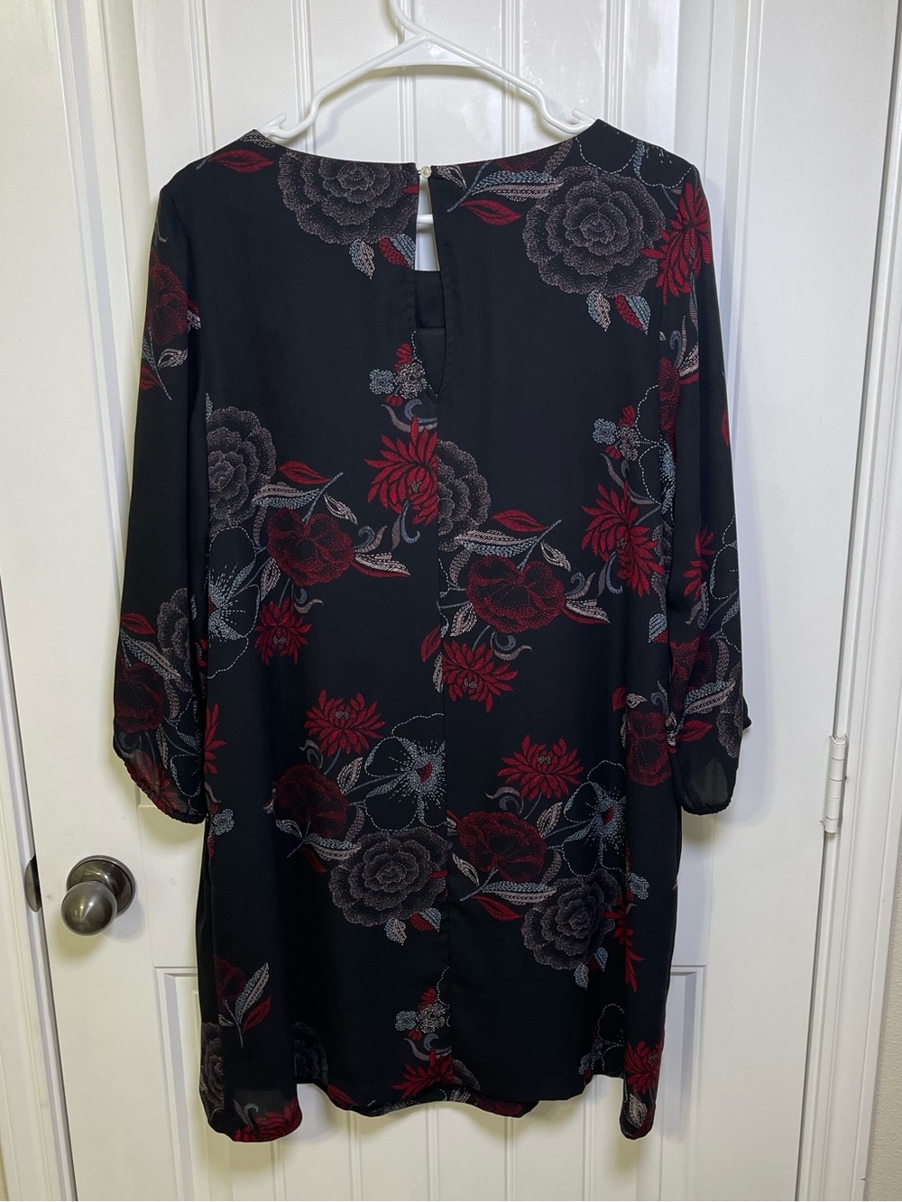 Maurices Black Floral Long Split Sleeve Shift Dress with Red Pink Blue Accents - Picture 2 of 11